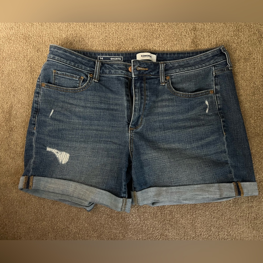 Sonoma High Waisted Denim Jean Shorts, Size 14 Dark Wash with Minumal Rips
